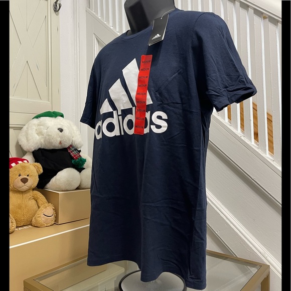 NWT Men Size Medium Adidas Short Sleeve Tee With Logo Print 100% Cotton In Navy - Picture 6 of 11
